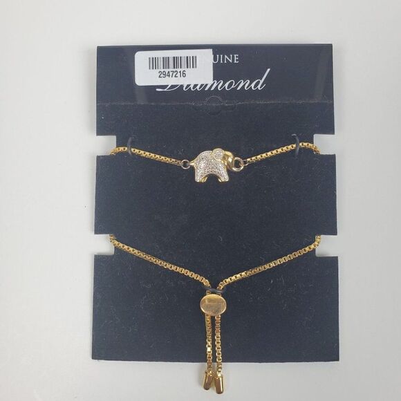 PAJ BR Genuine Diamond Chip Elephant Gold Tone Box Chain Adjustable Bracelet - Picture 1 of 13